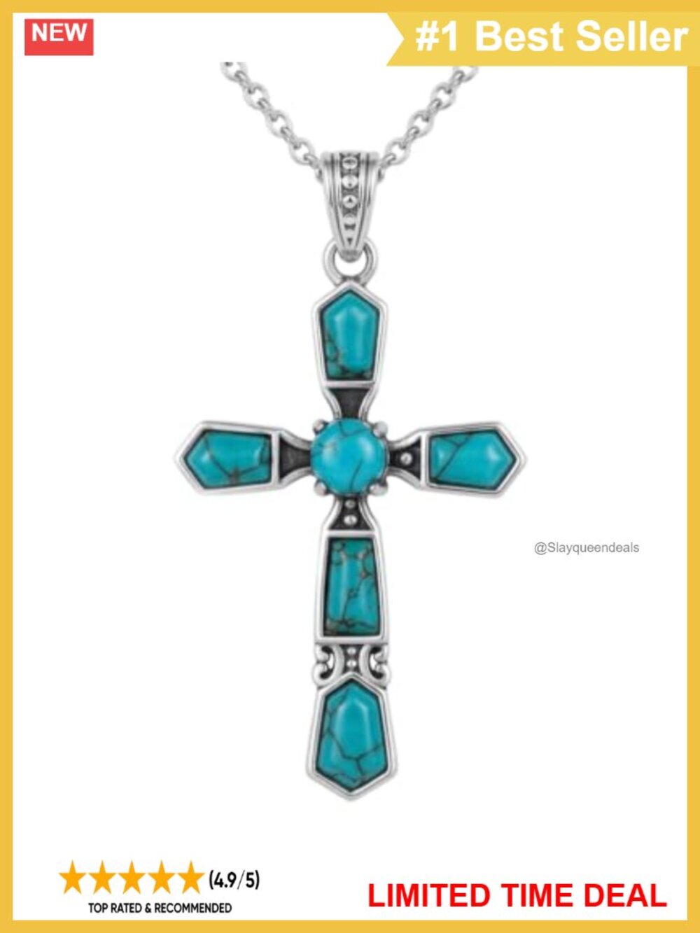 Genuine Turquoise 925 Sterling Silver Cross Pendant Necklace